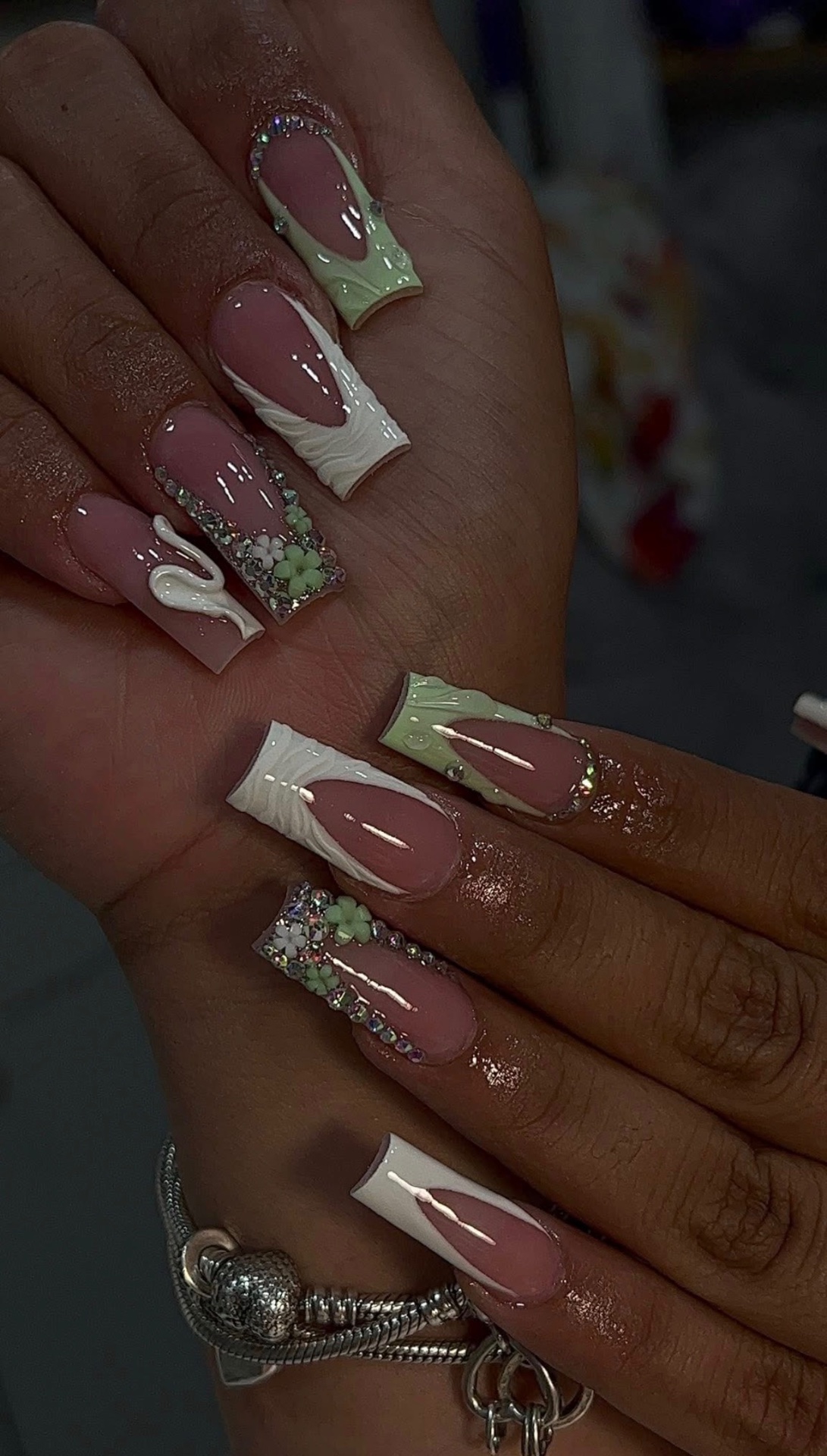 Long coffin nails with white French tips, 3D flowers & rhinestones